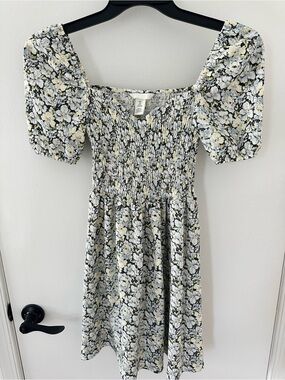 H&M Floral Print Dress — White, Black & Pale Yellow